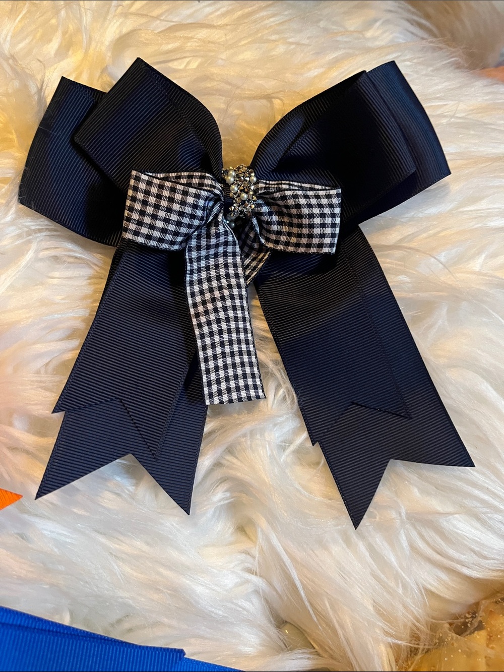 NavyGrosgrain Bow Hair Clip with Gingham Accent